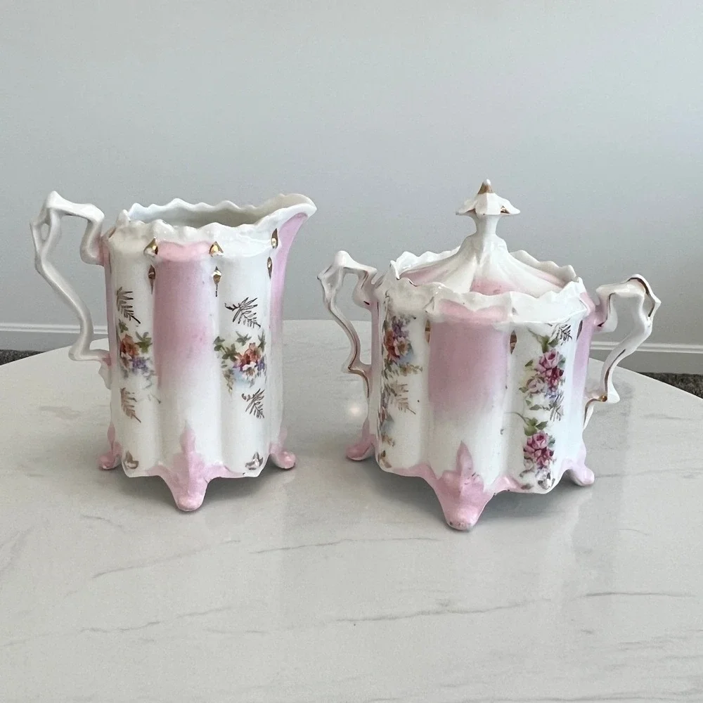 Antique Victorian Pink Floral Porcelain Creamer Lidded Sugar‎ Set Shabby Chic
